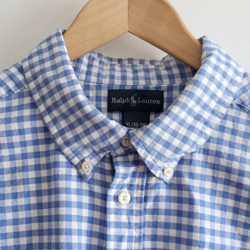 Ralph Lauren Preppy 100% Cotton Blue Gingham Button-Down Shirt, Boys XL (18–20)